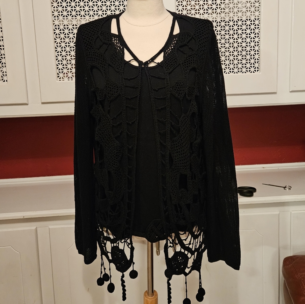 Per Se Black 2pc Tank Top and Cardigan Set
